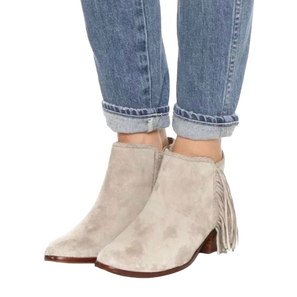 Sam Edelman Paige Fringe Tan Suede Zip Ankle Booties Western Boho Boots Size 10